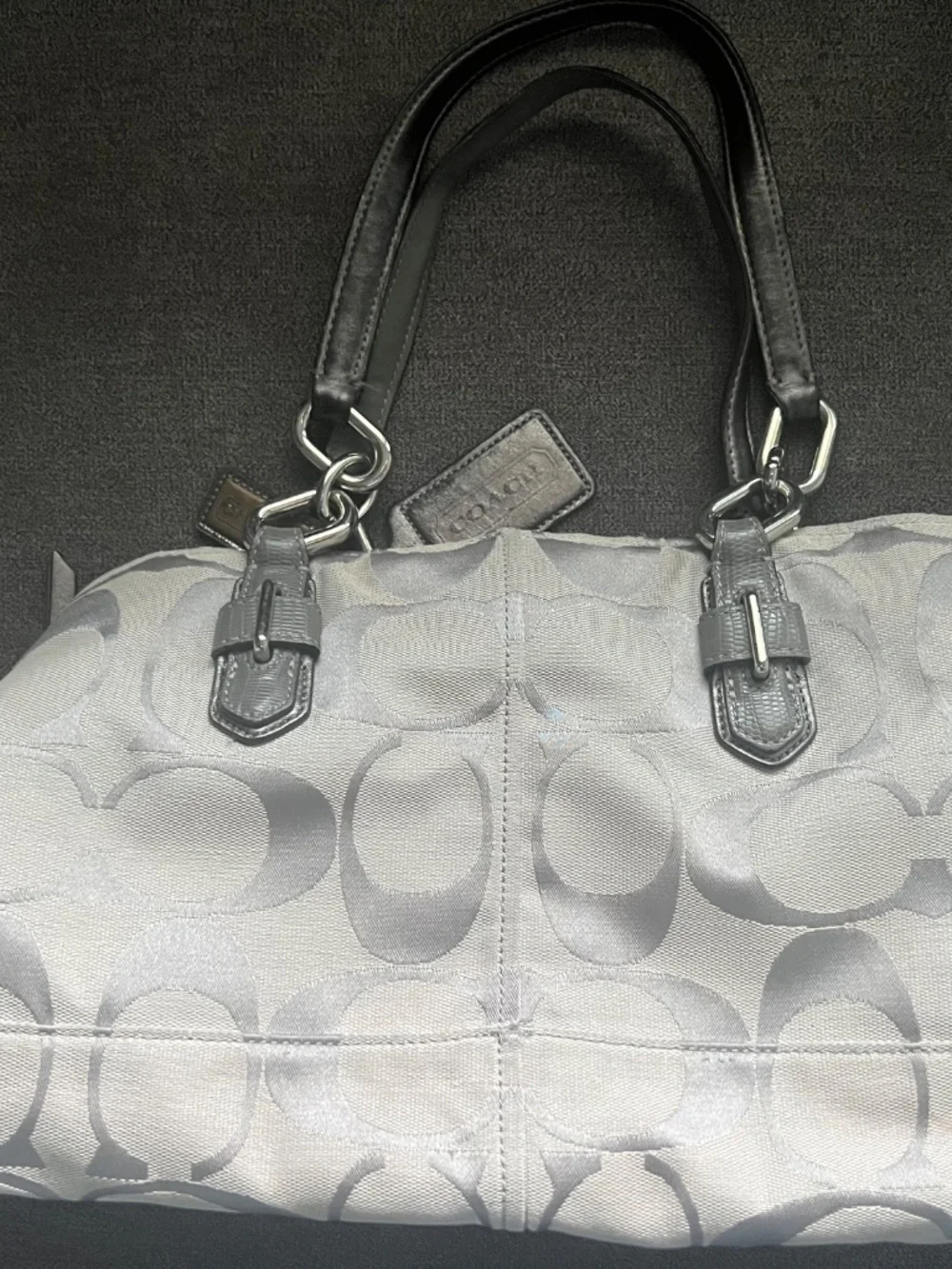 Authentic Coach F78003 Signature Jacquard Carryall Satchel Gray/Silver w/ Dust B